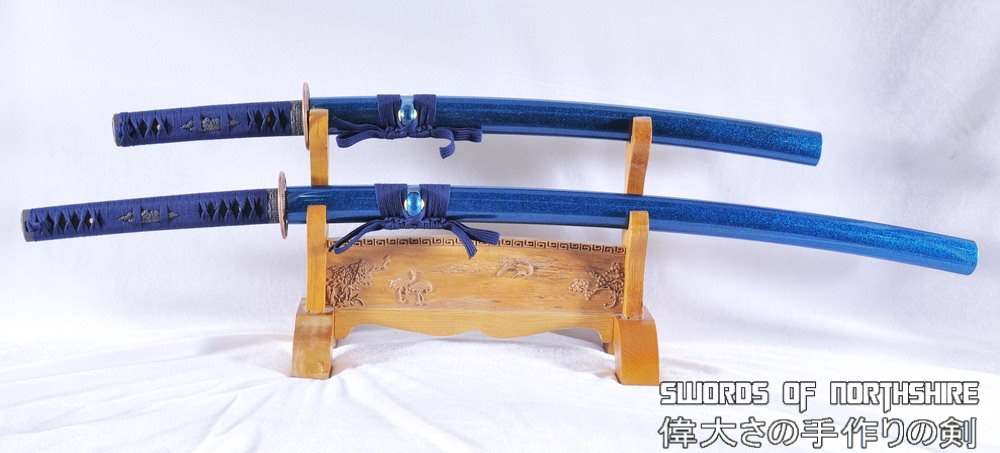 Hand Forged Folded Steel Katana & Wakizashi Blue Dragon Samurai 